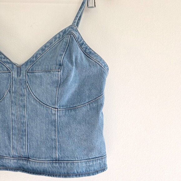 Express Denim Crop Corset Top Sweetheart Neckline Zipper Back Spaghetti Straps - Picture 4 of 11